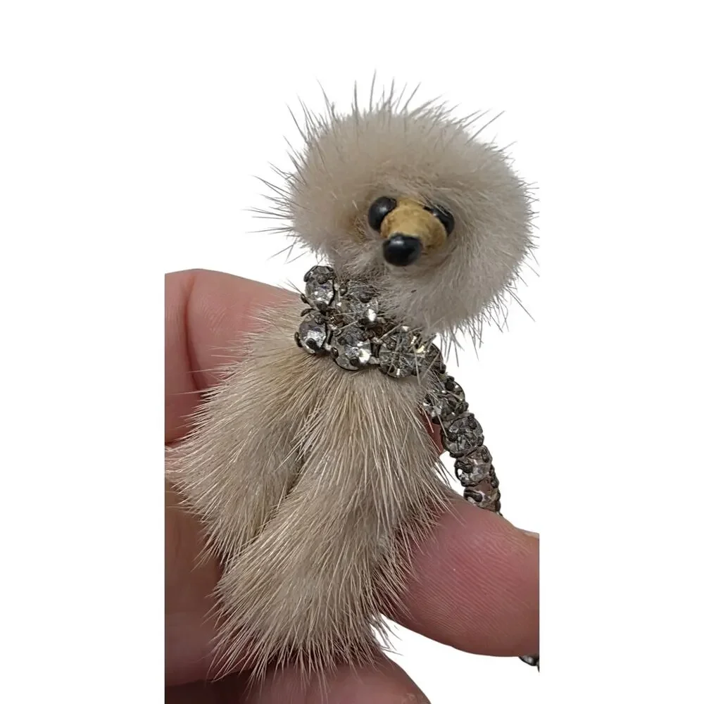 Vintage Mink Fur Mouse Sweater Guard Rhinestone Chain Double Brooch